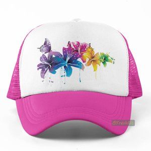 🆕Flowers Butterflies Drip Foam Trucker Hat Mesh Snapback Cap Hot Pink/White
